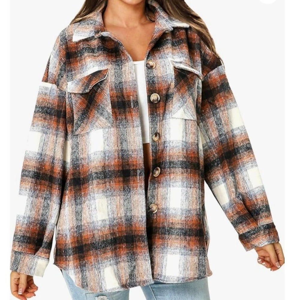 F.DTCC NEW Womens Oversize Casual Plaid Wool Blend Button Down Shacket Jacket XS